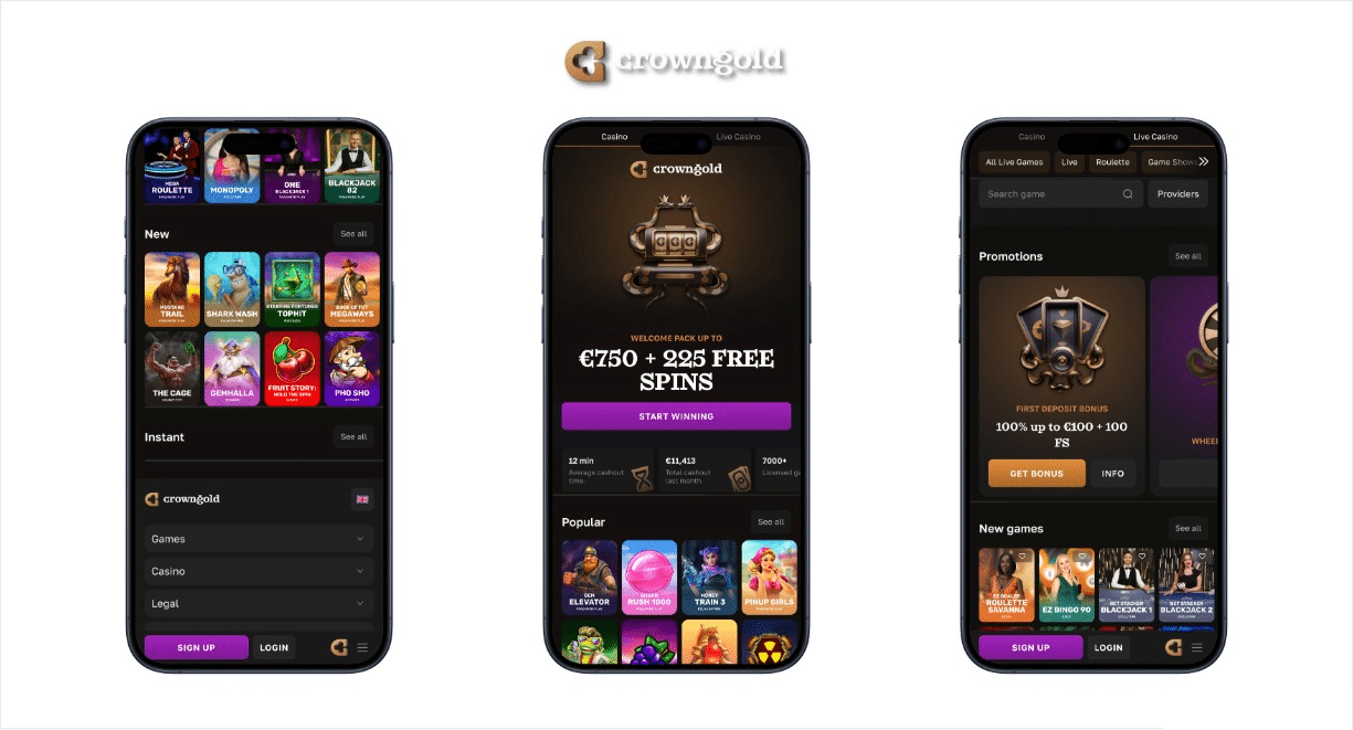 a screen capture of crowngold casino across three cellphone surfaces.